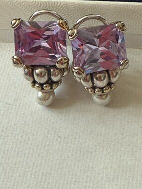 925 Sterling Silver Purple Amethyst Square Cut Stone Pierced Earrings